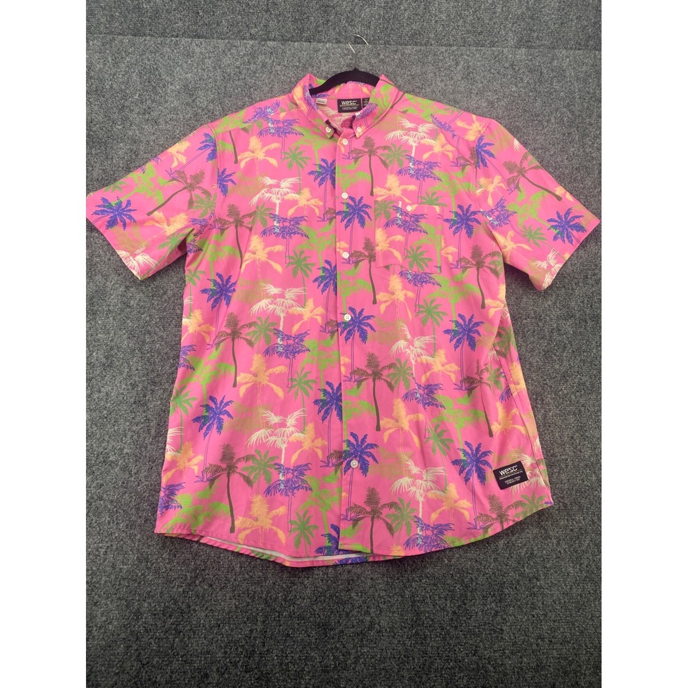 WeSC Palm Tree Tropical Button Down Shirt Mens XL Pink Short Sleeve Summer Beach